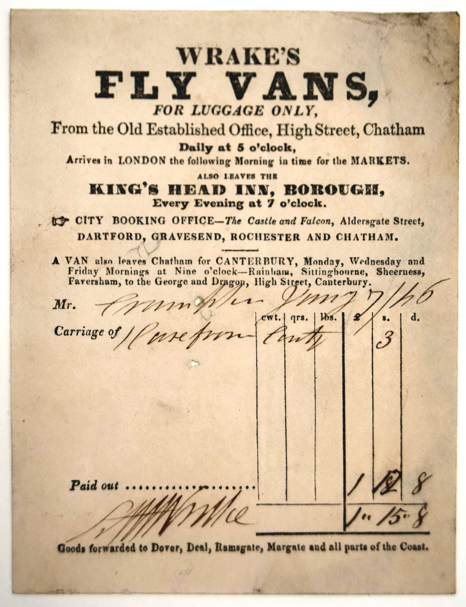 [INVOICE]. WRAKE’S FLY VANS,. | Marrin's Bookshop