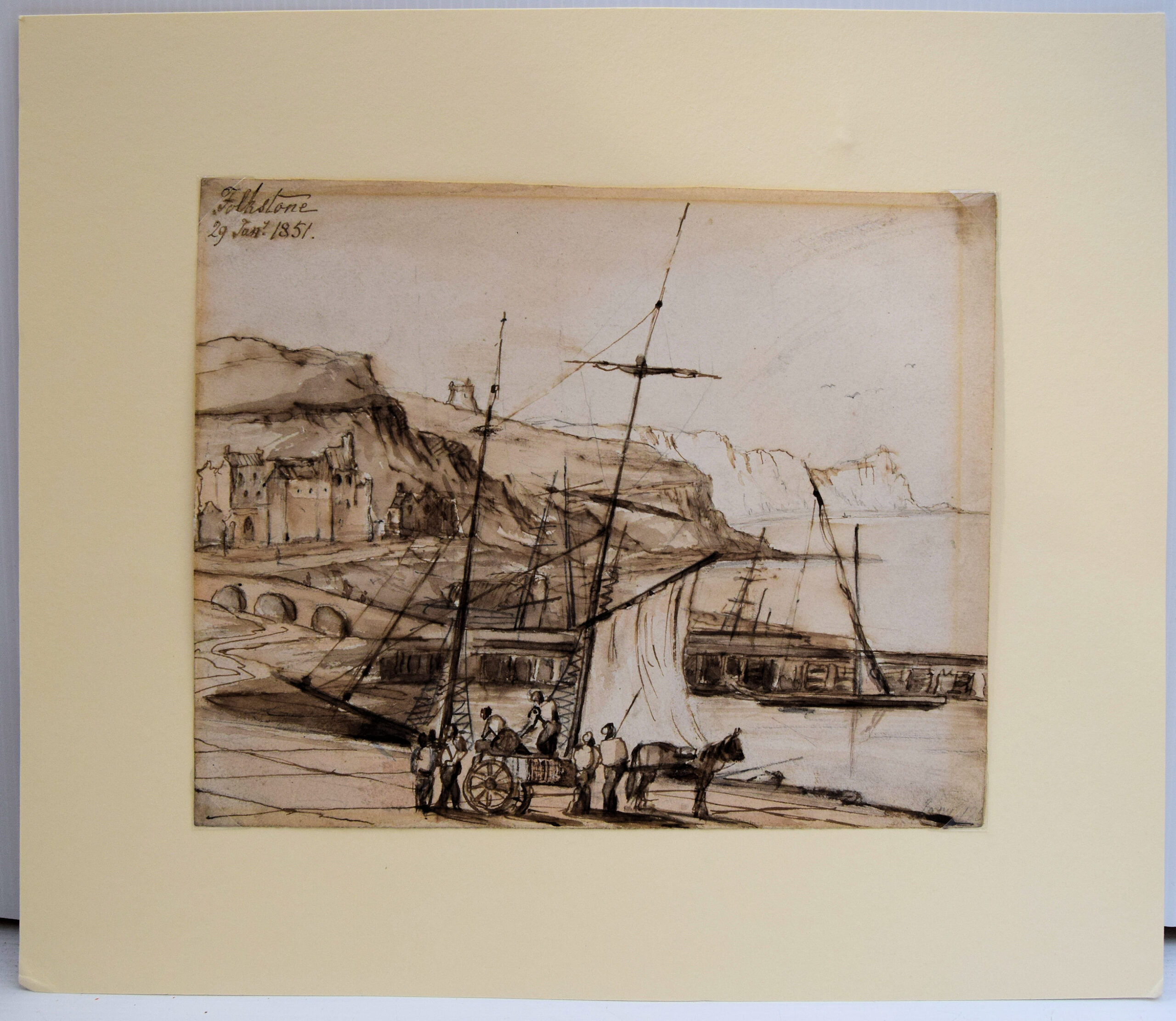 Original Painting of Folkestone Harbour,horse and cart in the foreground sailing boats in the harbour, Martello tower No.3 on the East Cliff.