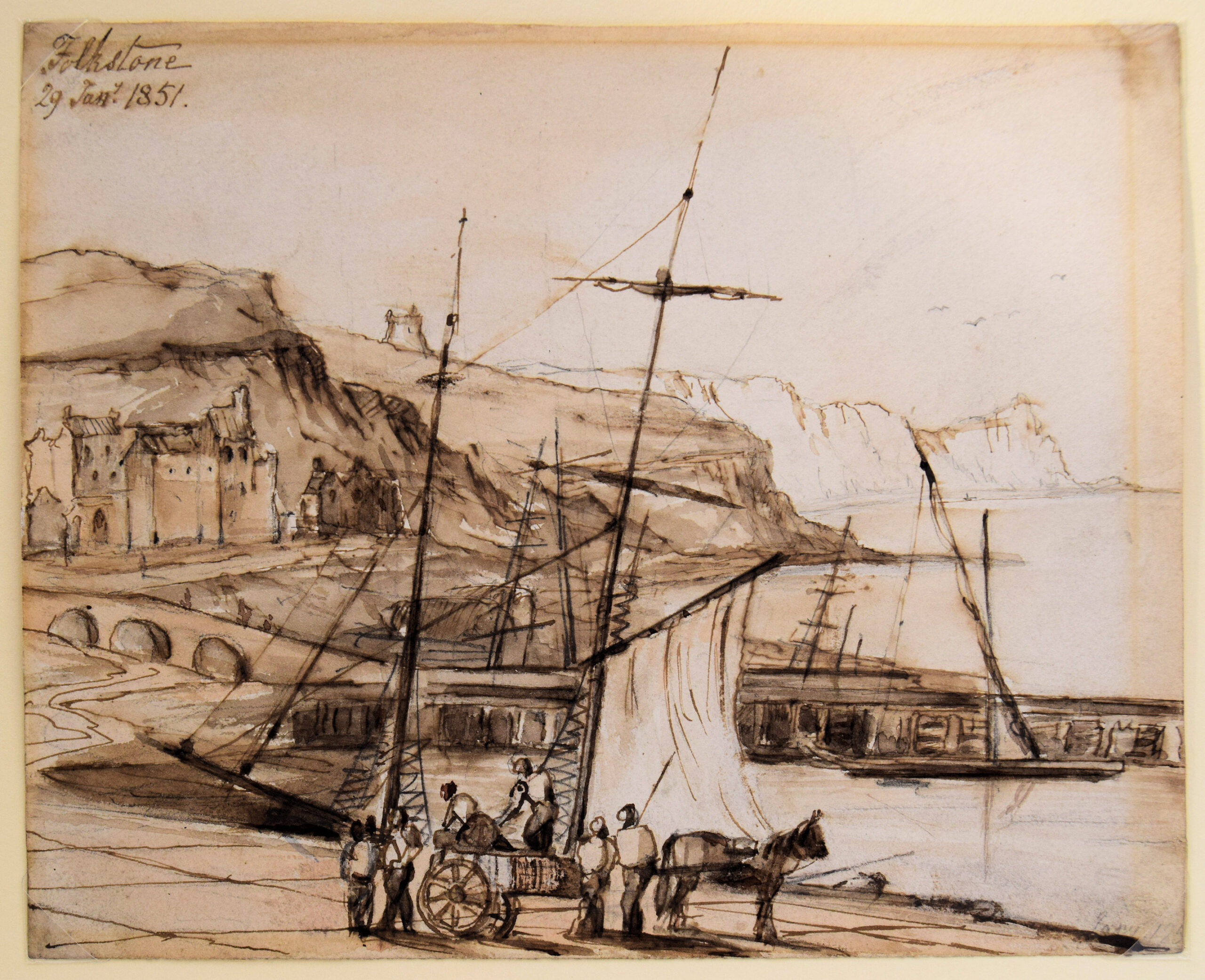 Original Painting of Folkestone Harbour,horse and cart in the foreground sailing boats in the harbour, Martello tower No.3 on the East Cliff. - Image 2