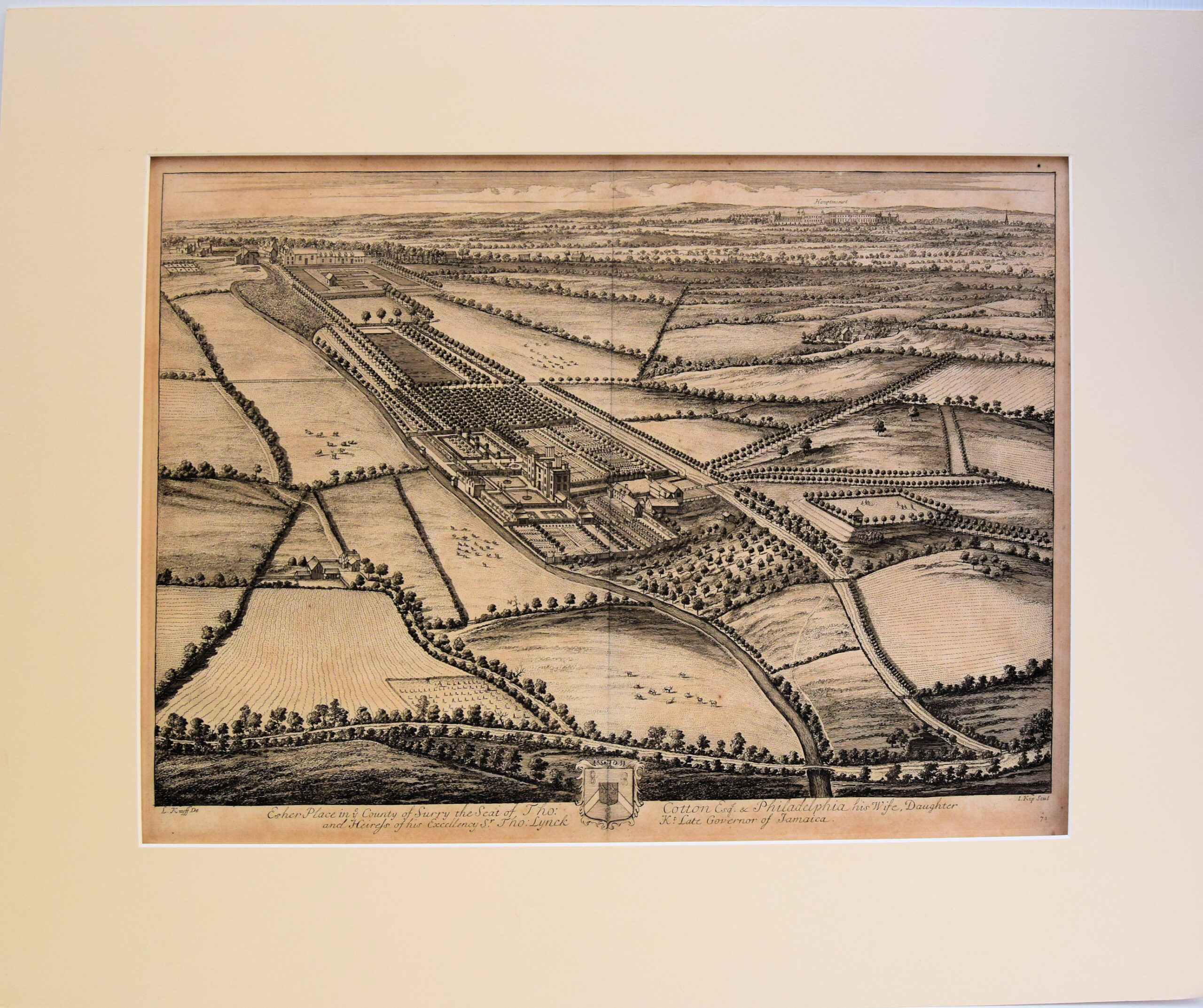 Esher Place in ye County of of Surry the Seat of Tho. Cotton Esq & Philadelpha his Wife, Daughter and Heiress of his Excellency Sr. Tho. Lynck K.t Governor of Jamaica.